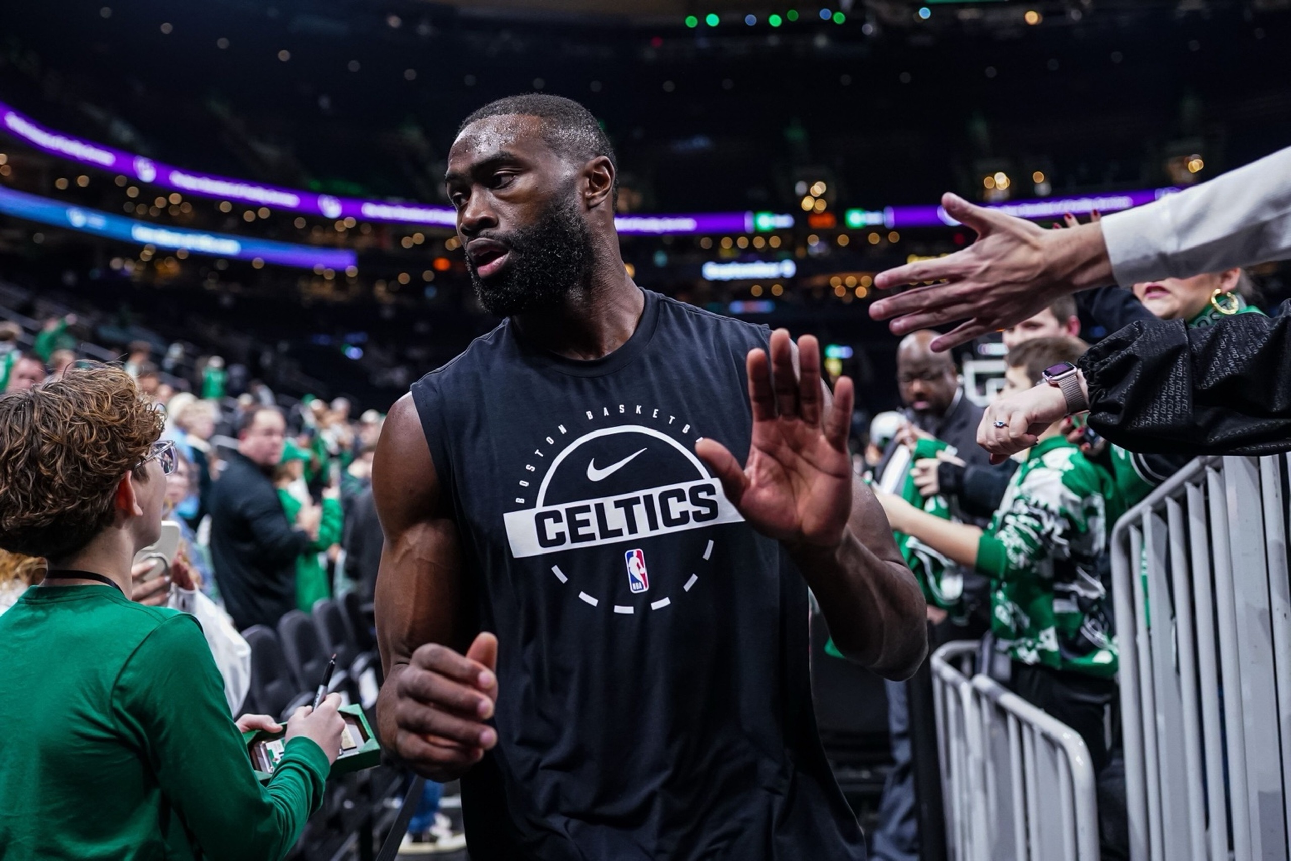 Dec 19, 2025; Boston, Massachusetts, USA; Boston Celtics guard Jaylen Brown (7) comes off then court after warm up before the start of the game against the Miami Heat at TD Garden. Mandatory Credit: David Butler II-Imagn Images
