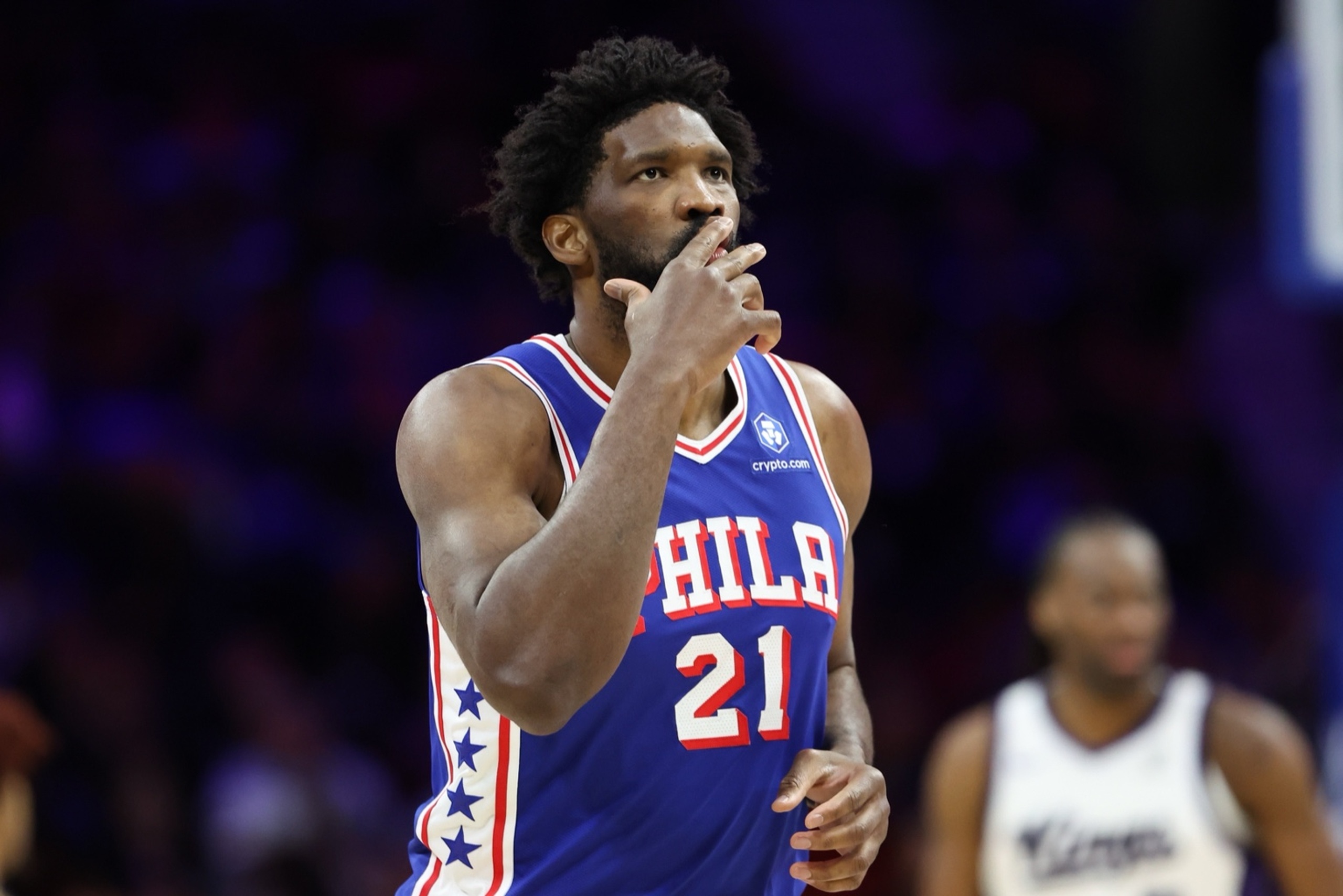 Jan 29, 2026; Philadelphia, Pennsylvania, USA; Philadelphia 76ers center Joel Embiid (21) reacts to his three pointer against the Sacramento Kings during the second quarter at Xfinity Mobile Arena. Mandatory Credit: Bill Streicher-Imagn Images
