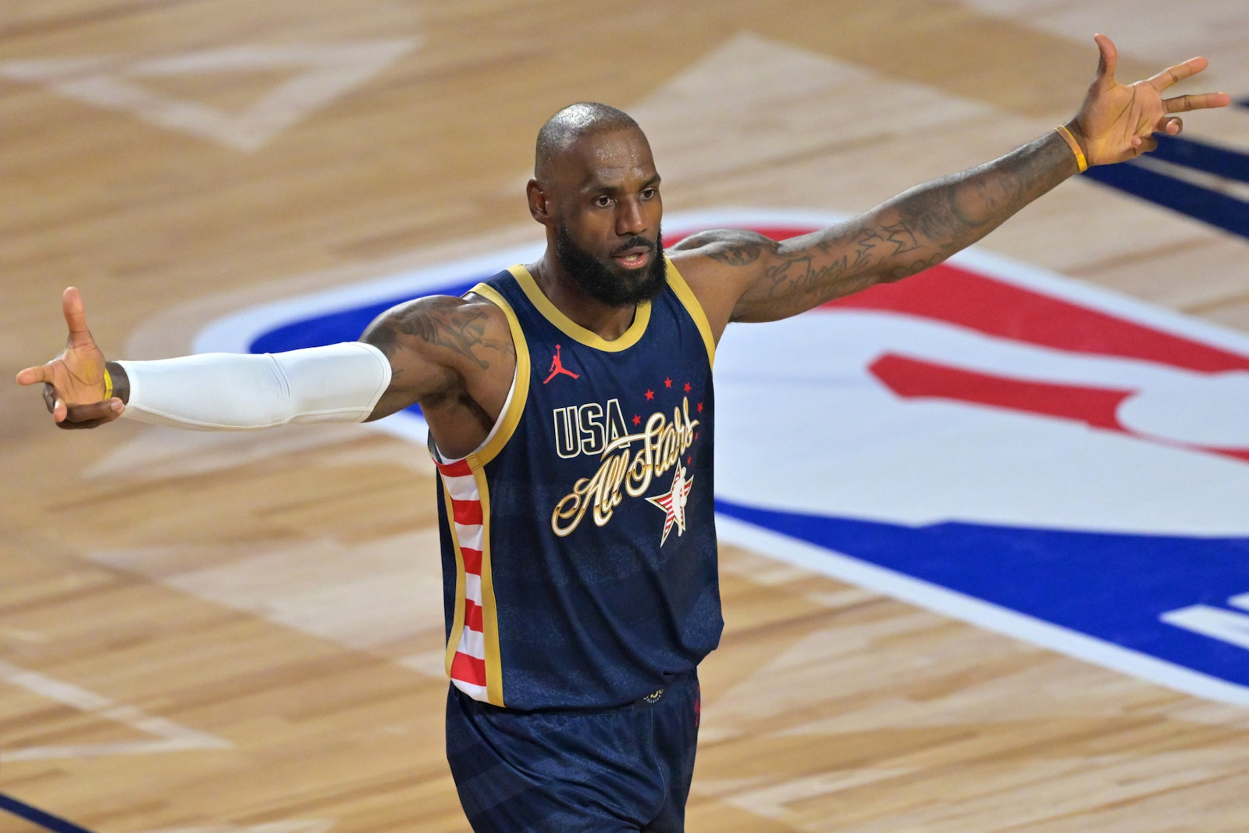 Feb 15, 2026; Inglewood, California, USA; Team USA Stripes forward LeBron James (23) of the Los Angeles Lakers celebrates after game two during the 75th NBA All Star Game at Intuit Dome. Mandatory Credit: Jayne Kamin-Oncea-Imagn Images