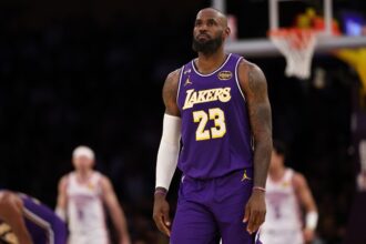 Los Angeles, California, USA; Los Angeles Lakers forward LeBron James (23) looks on during the fourth quarter against the Oklahoma City Thunder at Crypto.com Arena. Mandatory Credit: Kiyoshi Mio-Imagn Images