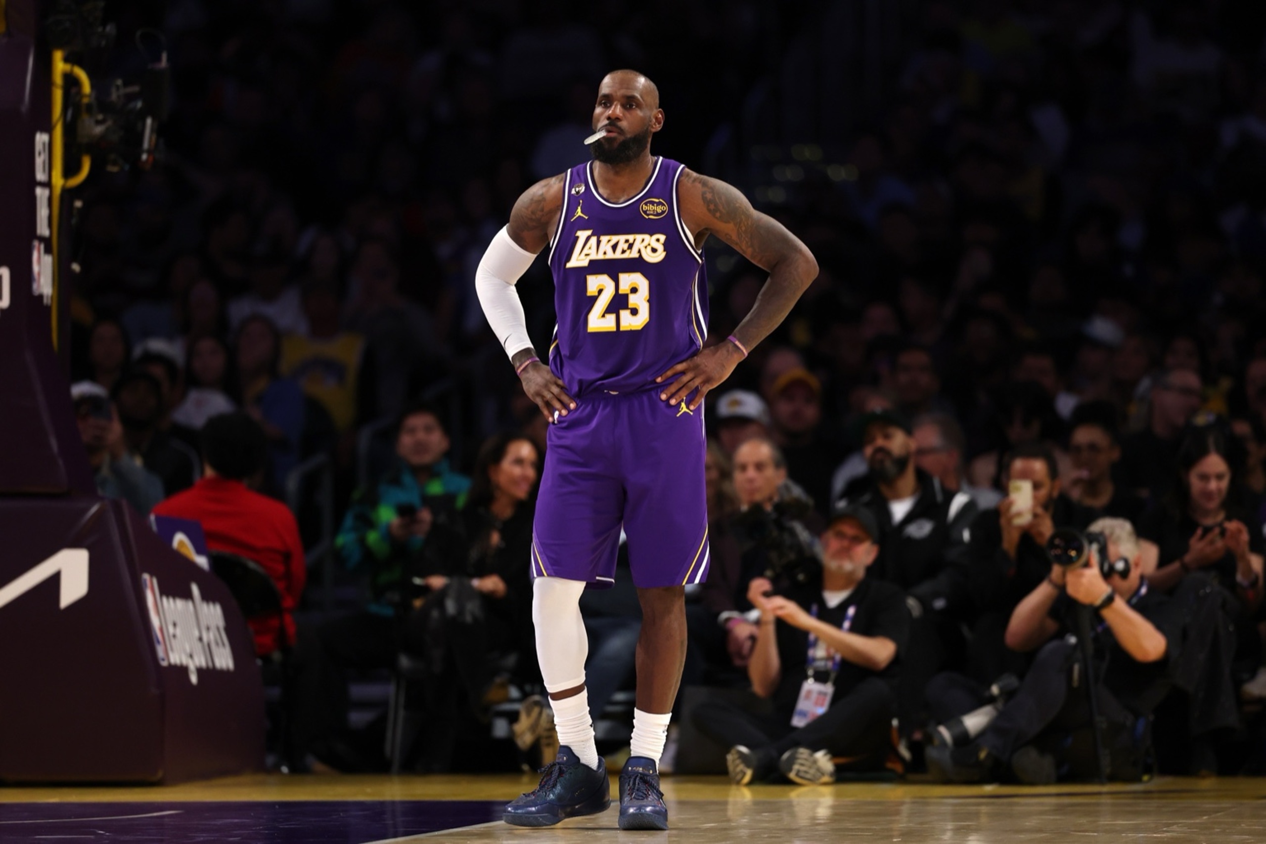 Feb 9, 2026; Los Angeles, California, USA; Los Angeles Lakers forward LeBron James (23) looks on during the second half against the Oklahoma City Thunder at Crypto.com Arena. Mandatory Credit: Kiyoshi Mio-Imagn Images