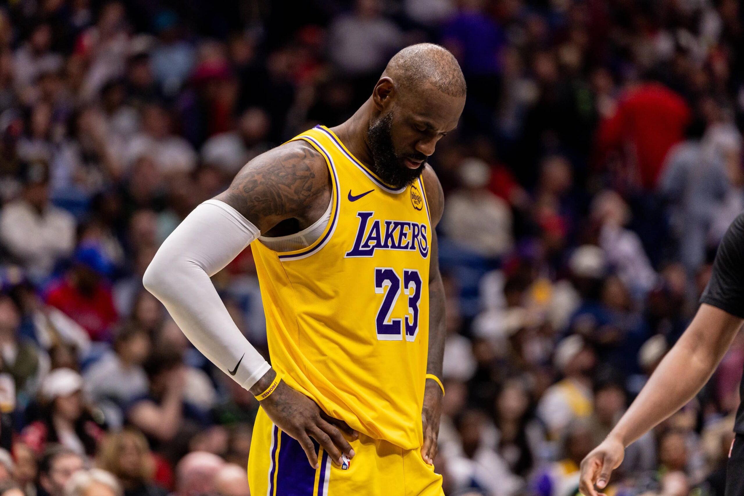 Jan 6, 2026; New Orleans, Louisiana, USA; Los Angeles Lakers forward LeBron James (23) reacts against the New Orleans Pelicans during the second half at Smoothie King Center. Mandatory Credit: Stephen Lew-Imagn Images