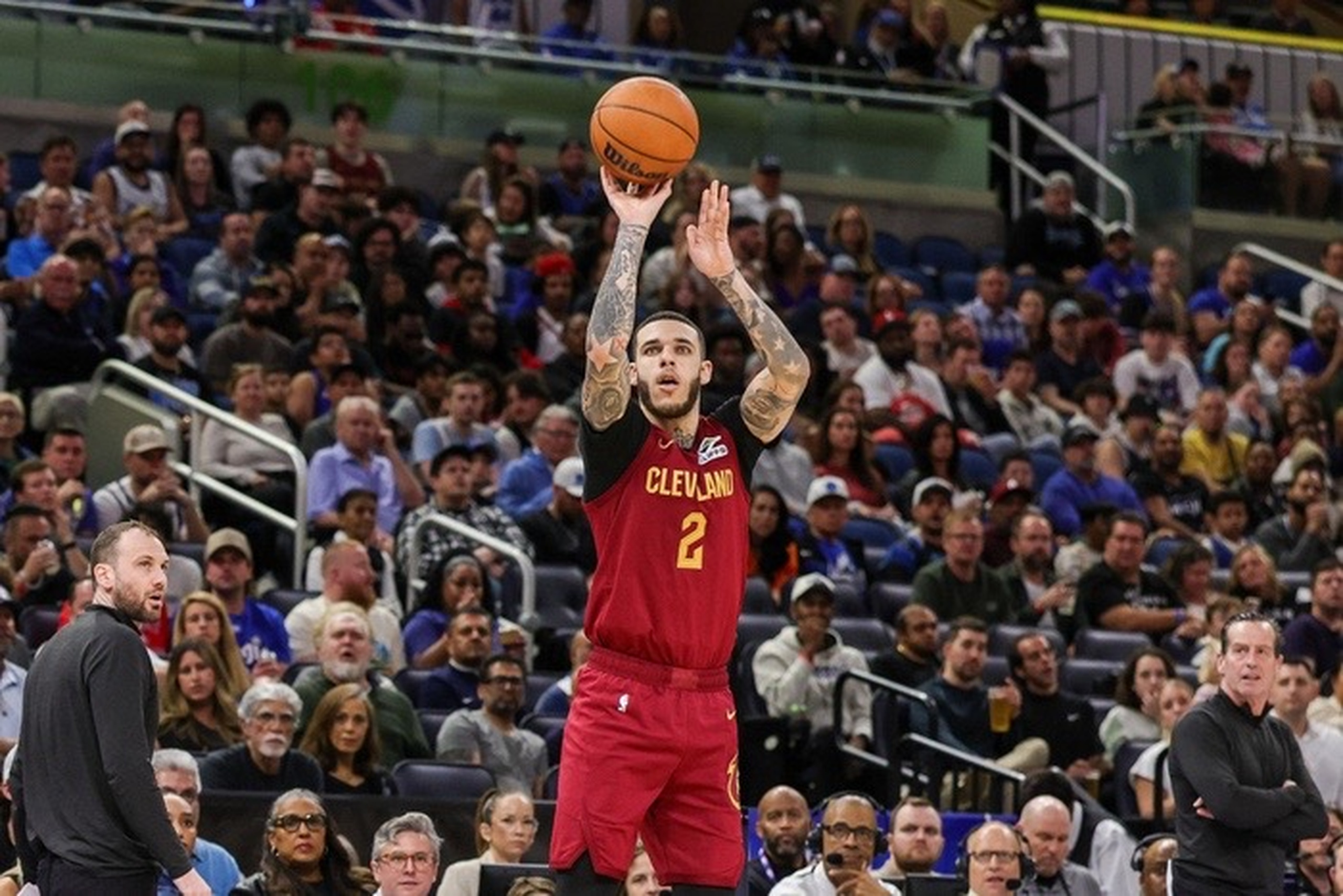 Jan 24, 2026; Orlando, Florida, USA; Cleveland Cavaliers guard Lonzo Ball (2) shoots a three point basket during the second half against the Orlando Magic at Kia Center. Mandatory Credit: Mike Watters-Imagn Images