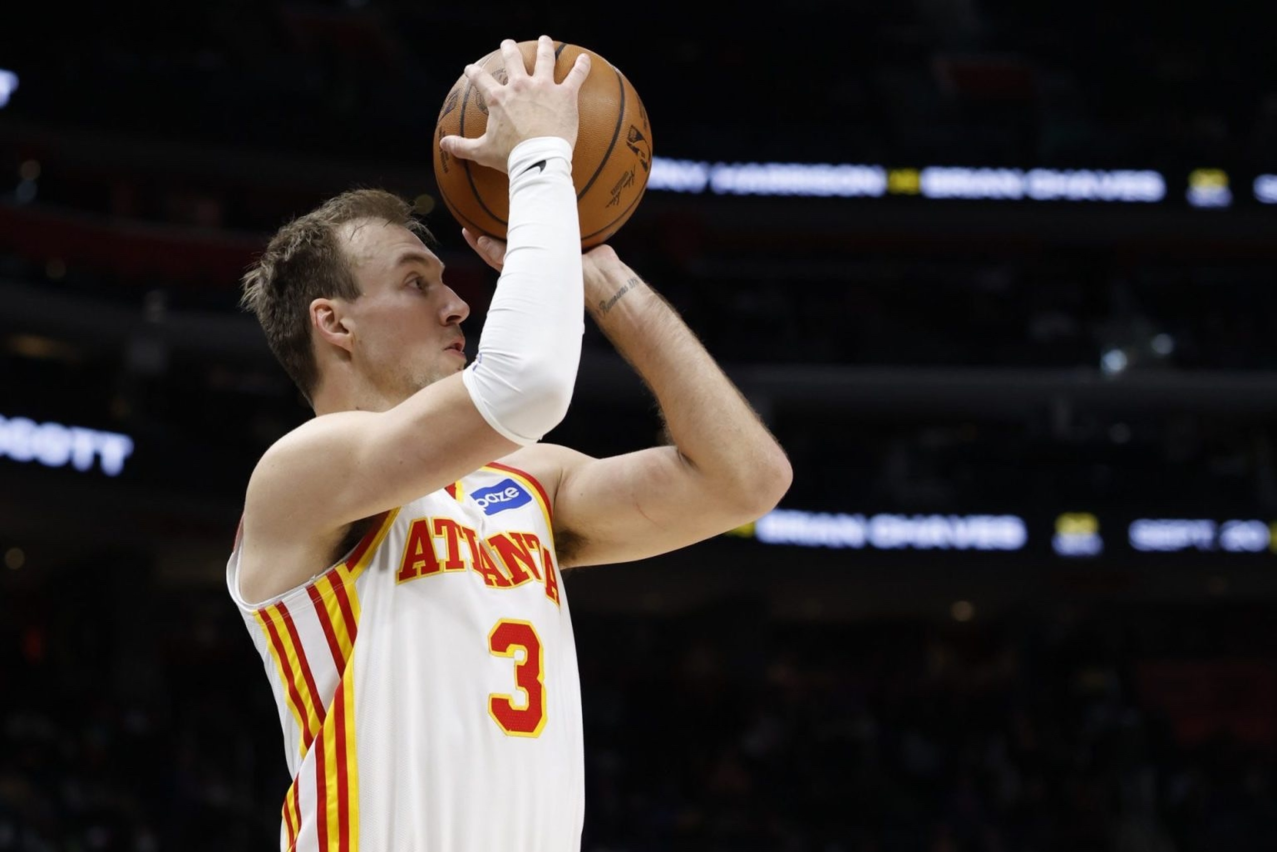 Dec 1, 2025; Detroit, Michigan, USA; Atlanta Hawks guard Luke Kennard (3) shoots in the first half against the Detroit Pistons at Little Caesars Arena. Mandatory Credit: Rick Osentoski-Imagn Images