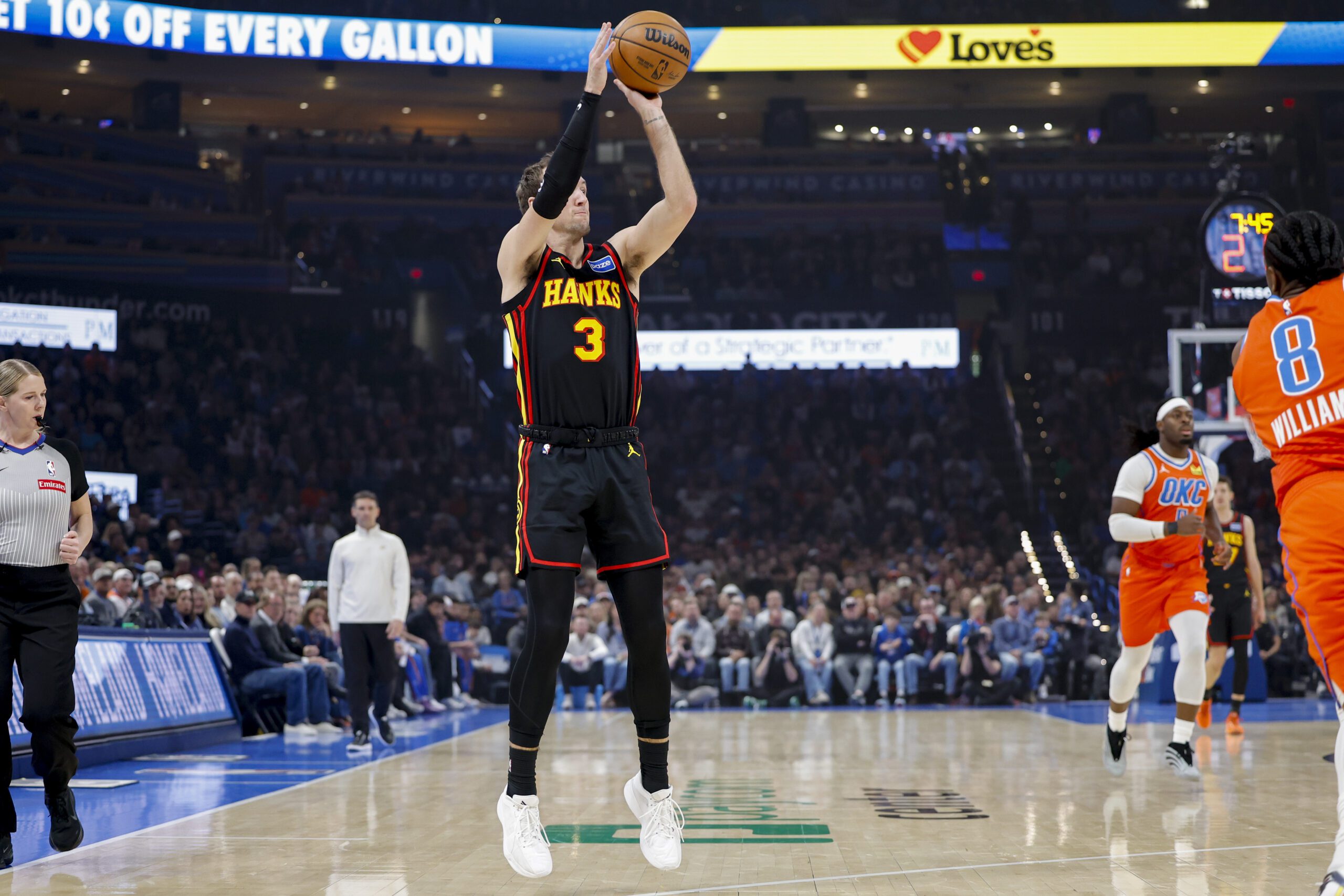 Dec 29, 2025; Oklahoma City, Oklahoma, USA; Atlanta Hawks guard Luke Kennard (3) shoots against the Oklahoma City Thunder during the first quarter at Paycom Center. Mandatory Credit: Alonzo Adams-Imagn Images
