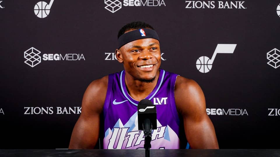 Utah Jazz forward Oscar Tshiebwe (44) talks to the media during media day at Zions Bank Basketball Campus.