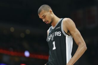 Houston, Texas, USA; San Antonio Spurs forward Victor Wembanyama (1) walks on the court during the first half against the Houston Rockets at Toyota Center. Mandatory Credit: Troy Taormina-Imagn Images