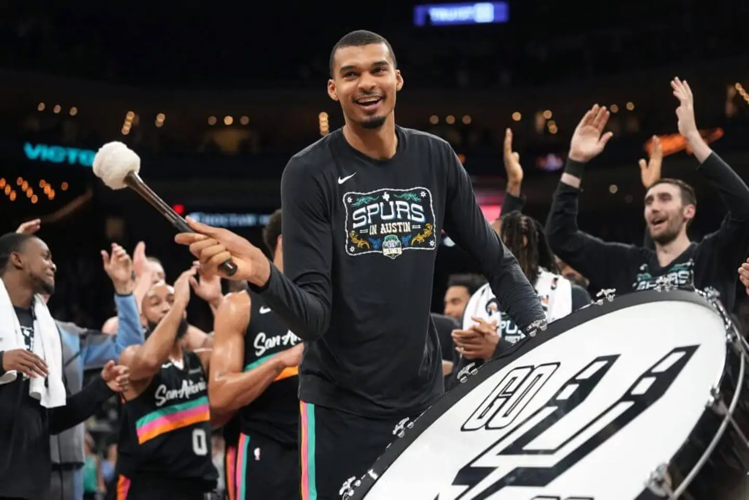 Feb 19, 2026; Austin, Texas, USA; San Antonio Spurs forward Victor Wembanyama (1) leads the crowd in a cheer after a victory over the Phoenix Suns at Moody Center. Mandatory Credit: Scott Wachter-Imagn Images