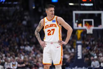 Atlanta Hawks guard Vit Krejci (27) looks on during the second quarter against the Denver Nuggets at Ball Arena.