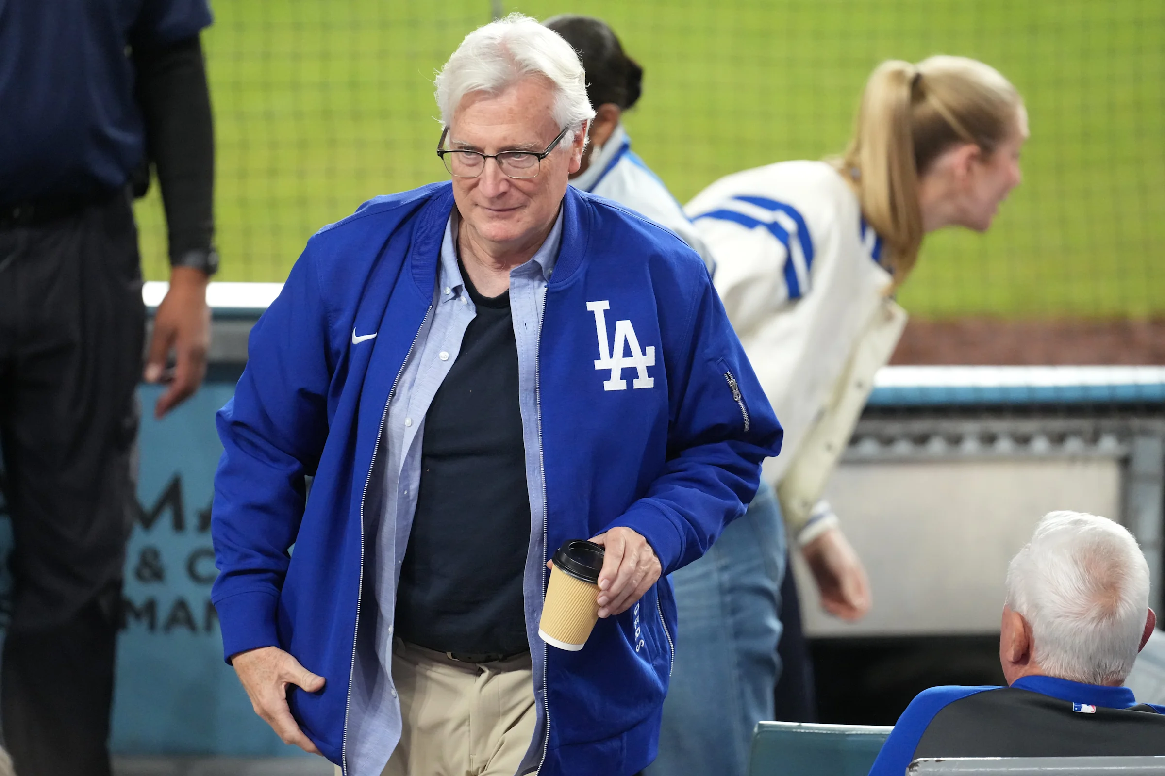 Oct 29, 2025; Los Angeles, California, USA; Los Angeles Dodgers co-owner Mark Walter looks on in the eighth inning between the Toronto Blue Jays and the Los Angeles Dodgers during game five of the 2025 MLB World Series at Dodger Stadium. Mandatory Credit: Kirby Lee-Imagn Images