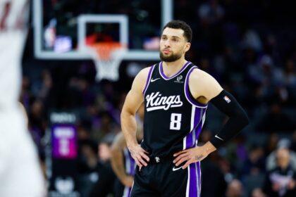 Jan 20, 2026; Sacramento, California, USA; Sacramento Kings guard Zach LaVine (8) looks on against the Miami Heat during the third quarter at Golden 1 Center. Mandatory Credit: Sergio Estrada-Imagn Images