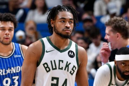 ORLANDO, FL - Cam Thomas #24 of the Milwaukee Bucks looks on during the game against the Orlando Magic on February 9, 2026 at Kia Center in Orlando, Florida. (Photo by Fernando Medina/NBAE via Getty Images)