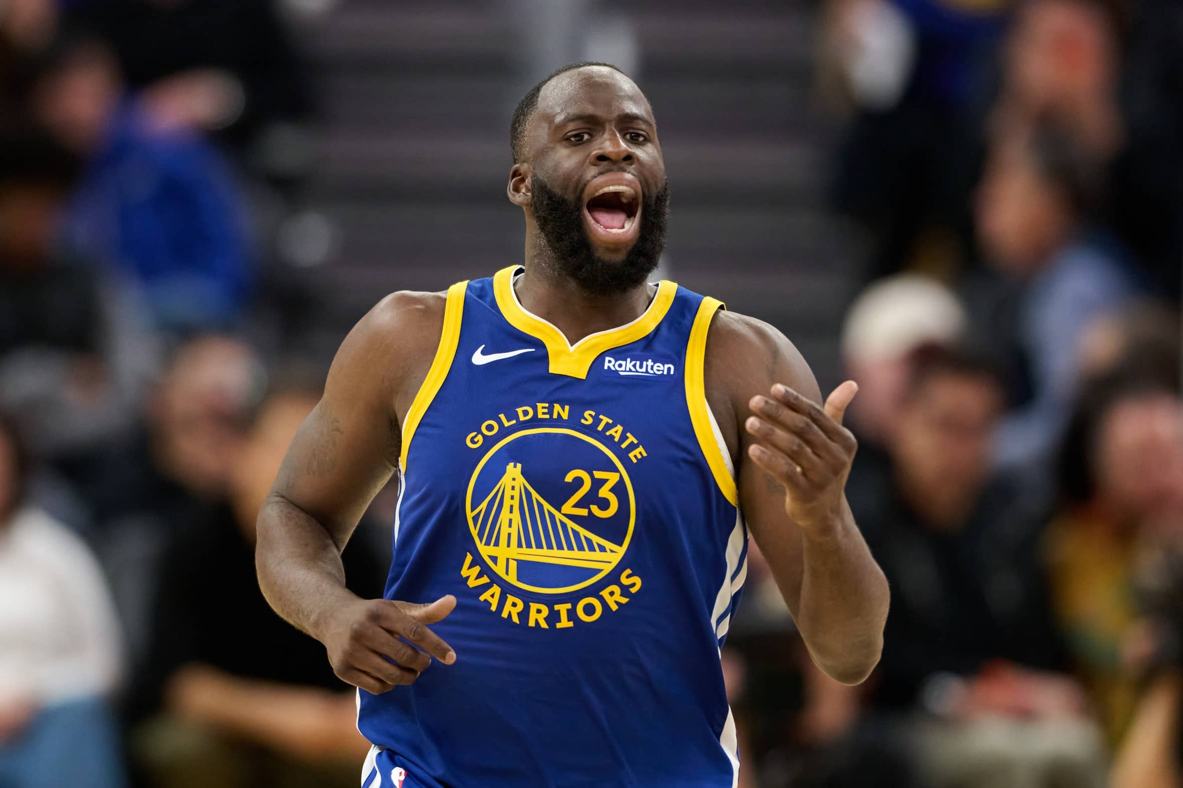 San Francisco, California, USA; Golden State Warriors forward Draymond Green (23) reacts against the Milwaukee Bucks during the fourth quarter at Chase Center. Mandatory Credit: Robert Edwards-Imagn Images