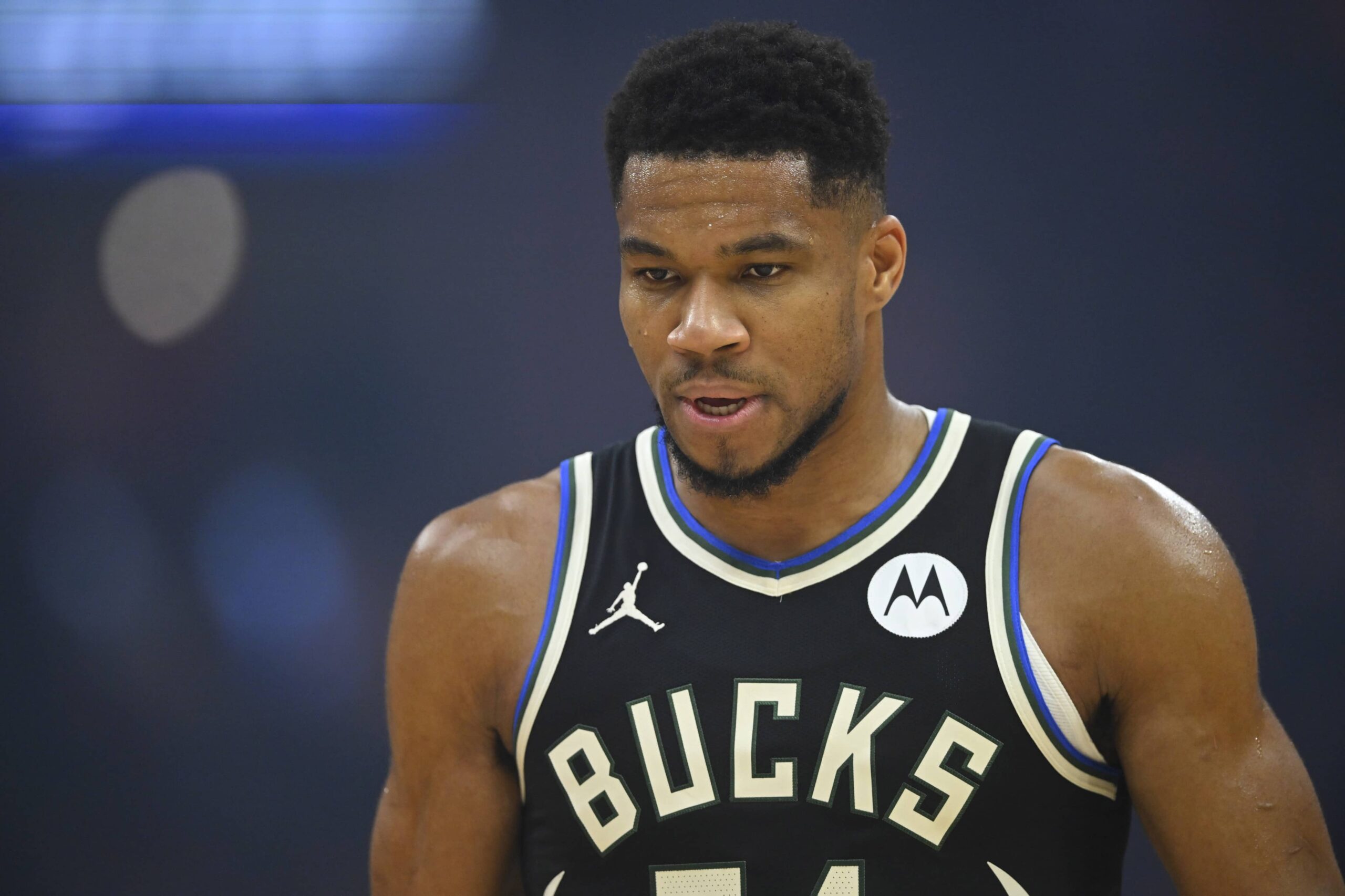 Cleveland, Ohio, USA; Milwaukee Bucks forward Giannis Antetokounmpo (34) walks on the court in the first quarter against the Cleveland Cavaliers at Rocket Arena. Mandatory Credit: David Richard-Imagn Images