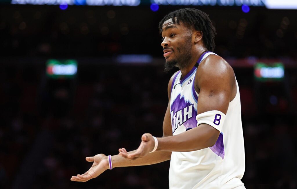 MIAMI, FLORIDA - FEBRUARY 09: Isaiah Collier #8 of the Utah Jazz reacts against the Miami Heat during the second quarter of the game at Kaseya Center on February 09, 2026 in Miami, Florida. (Photo by Tomas Diniz Santos/Getty Images)