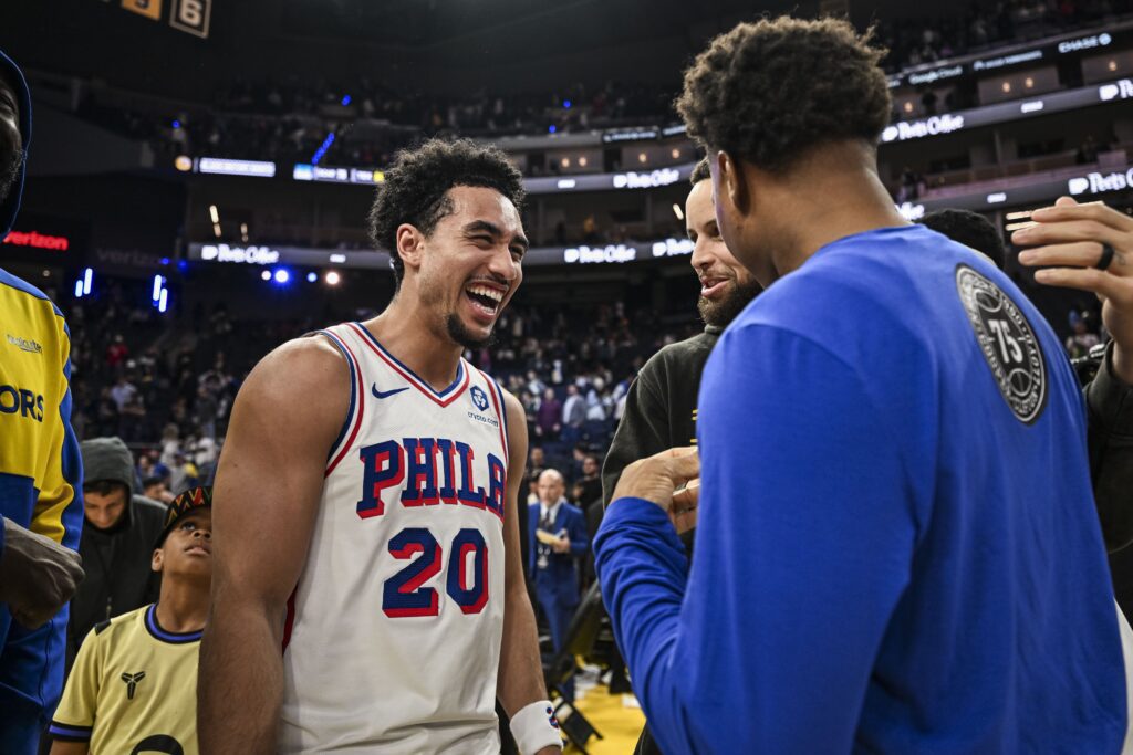 Feb 3, 2026; San Francisco, California, USA; Philadelphia 76ers guard Jared McCain (20) smiles post game after defeating the Golden State Warriors at Chase Center. Mandatory Credit: Justine Willard-Imagn Images