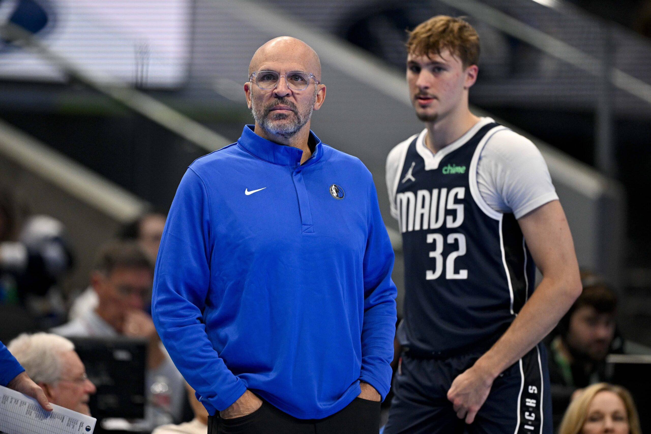 Dallas, Texas, USA; Dallas Mavericks head coach Jason Kidd and forward Cooper Flagg (32) look on during the second quarter against the LA Clippers in an NBA Cup game at the American Airlines Center. Mandatory Credit: Jerome Miron-Imagn Images