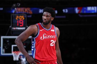 Joel Embiid of the Philadelphia 76ers during the game against the New York Knicks on December 25, 2017 at Madison Square Garden in New York City, New York. NOTE TO USER: User expressly acknowledges and agrees that, by downloading and/or using this photograph, user is consenting to the terms and conditions of the Getty Images License Agreement. Mandatory Copyright Notice: Copyright 2017 NBAE (Photo by Nathaniel S. Butler/NBAE via Getty Images)