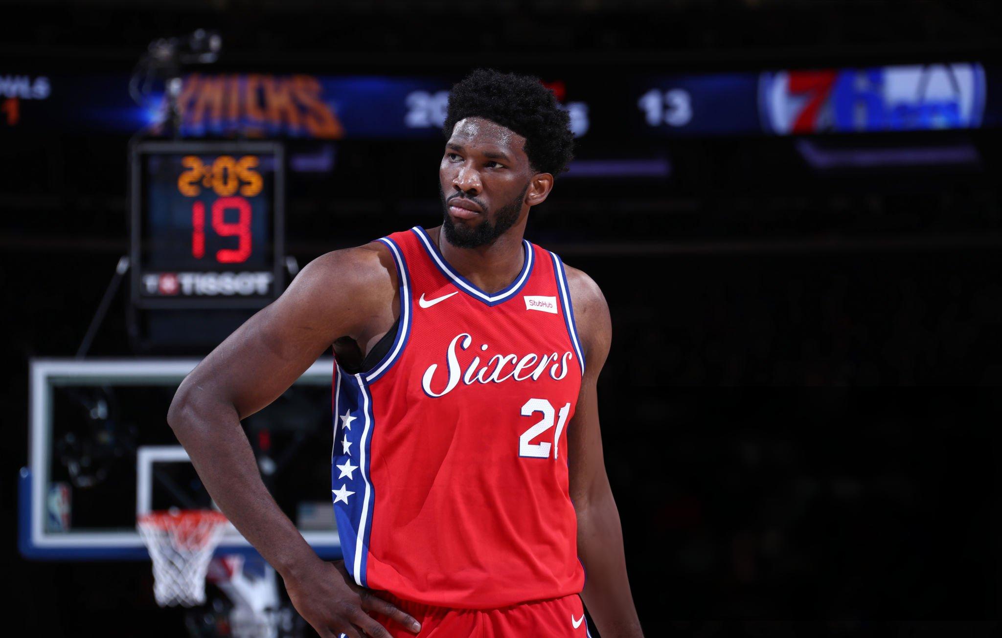 Joel Embiid of the Philadelphia 76ers during the game against the New York Knicks on December 25, 2017 at Madison Square Garden in New York City, New York. NOTE TO USER: User expressly acknowledges and agrees that, by downloading and/or using this photograph, user is consenting to the terms and conditions of the Getty Images License Agreement. Mandatory Copyright Notice: Copyright 2017 NBAE (Photo by Nathaniel S. Butler/NBAE via Getty Images)
