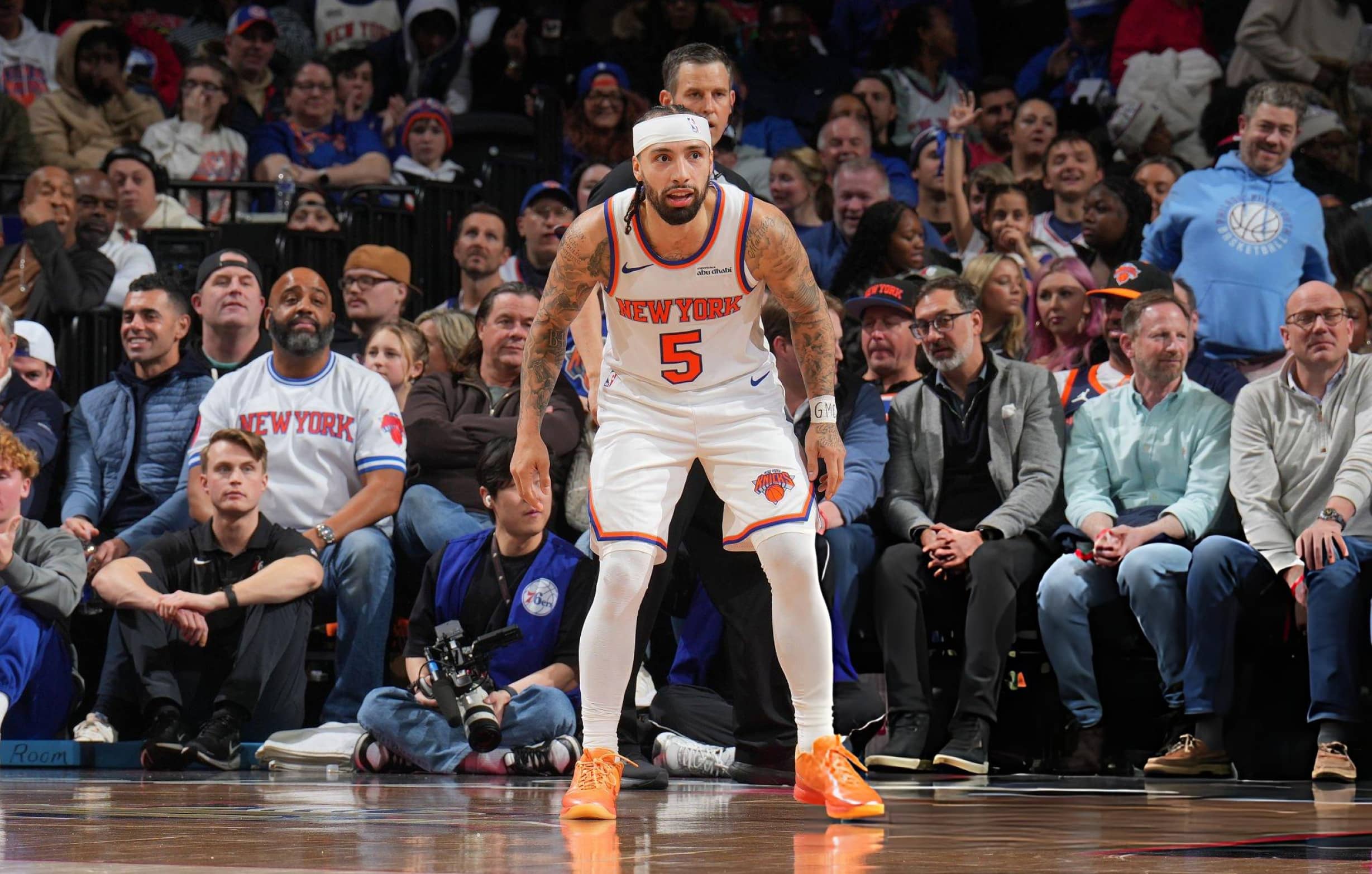 Jose Alvarado #5 of the New York Knicks looks on during the game against the Philadelphia 76ers on February 11, 2026 at the Wells Fargo Center in Philadelphia, Pennsylvania. Mandatory Copyright Notice: Copyright 2026 NBAE (Photo by Jesse D. Garrabrant/NBAE via Getty Images)