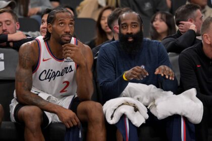 Inglewood, California, USA; Los Angeles Clippers forward Kawhi Leonard (2)and Los Angeles Clippers guard James Harden (1) sit on the bench in the fourth quarter against the Sacramento Kings at Intuit Dome. Mandatory Credit: Jayne Kamin-Oncea-Imagn Images