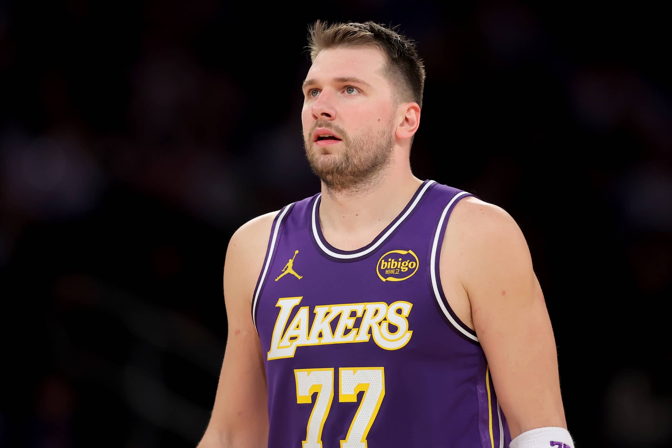 New York, New York, USA; Los Angeles Lakers guard Luka Doncic (77) during the second quarter against the New York Knicks at Madison Square Garden. Mandatory Credit: Brad Penner-Imagn Images