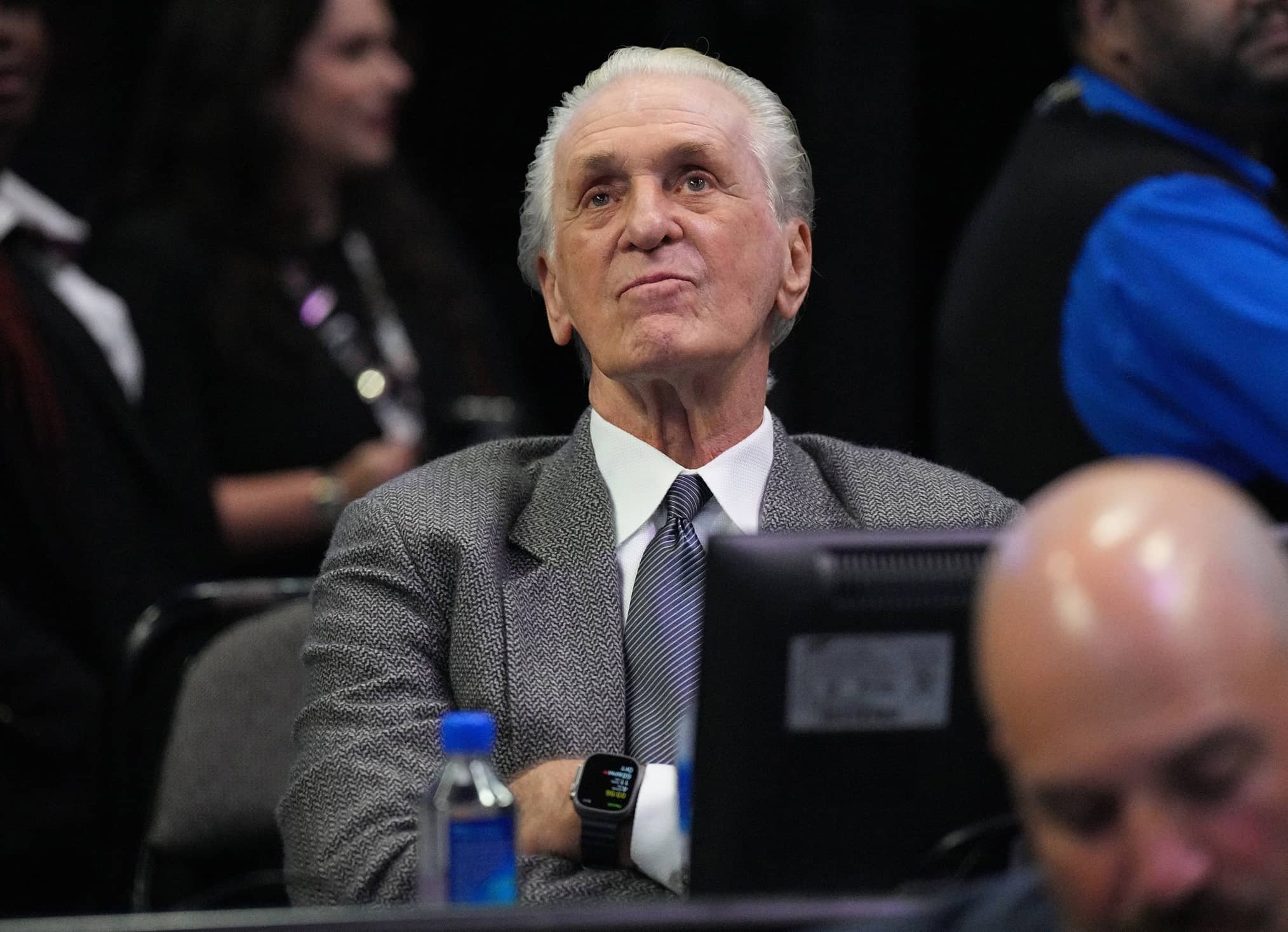 Miami, Florida, USA; Miami Heat team president Pat Riley looks on during the first half of a game against the San Antonio Spurs at FTX Arena. Mandatory Credit: Jim Rassol-Imagn Images