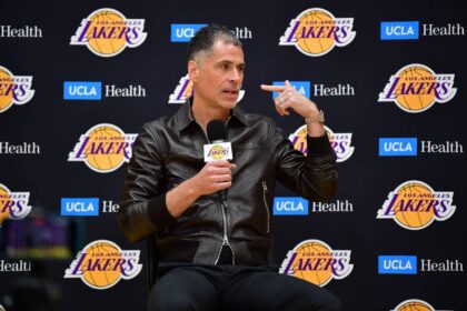 El Segundo, CA, USA; Los Angeles Lakers vice president of basketball operations and general manager Rob Pelinka introduced guard Luka Doncic at UCLA Health Training Center. Mandatory Credit: Gary A. Vasquez-Imagn Images