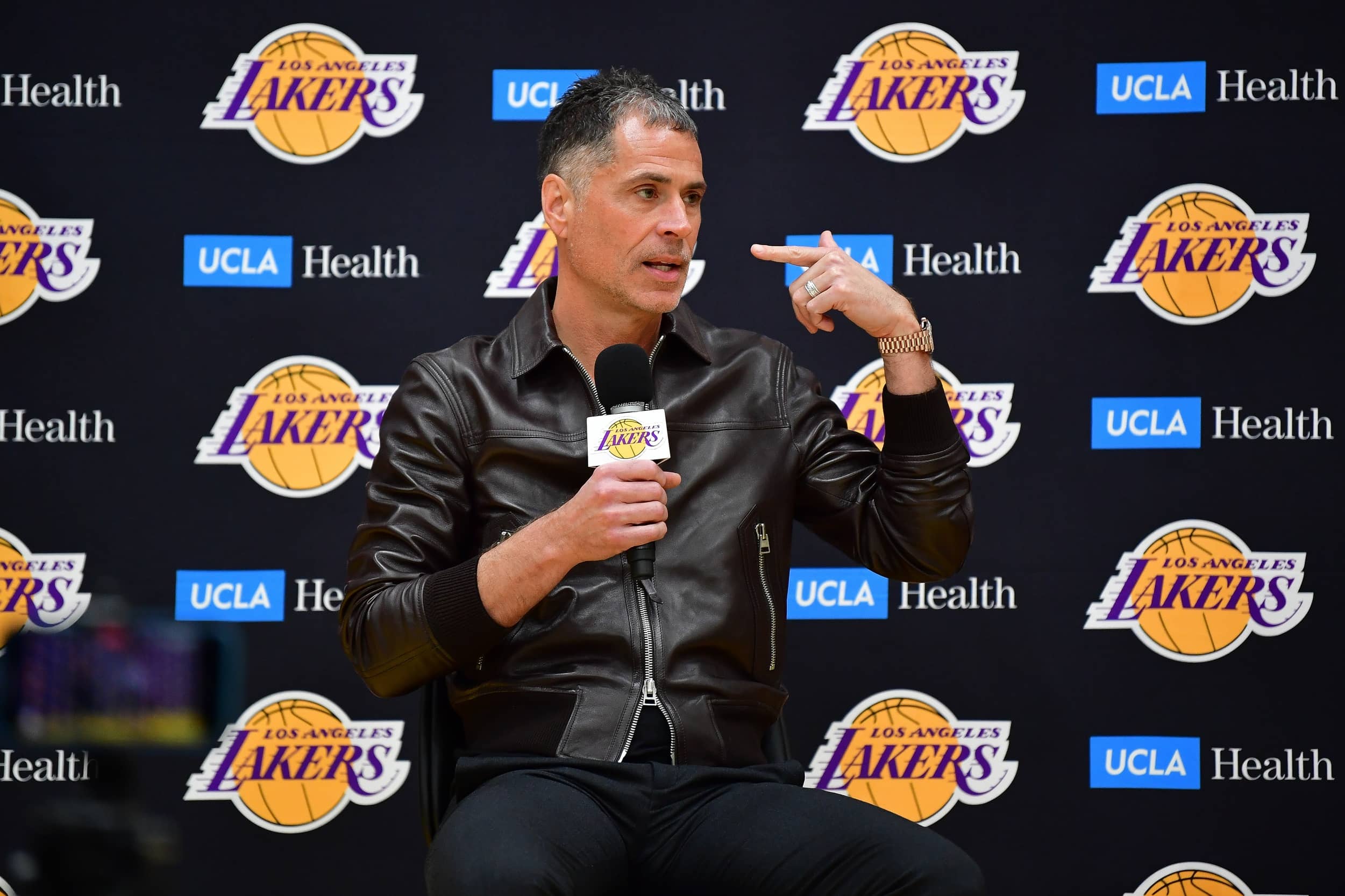 El Segundo, CA, USA; Los Angeles Lakers vice president of basketball operations and general manager Rob Pelinka introduced guard Luka Doncic at UCLA Health Training Center. Mandatory Credit: Gary A. Vasquez-Imagn Images