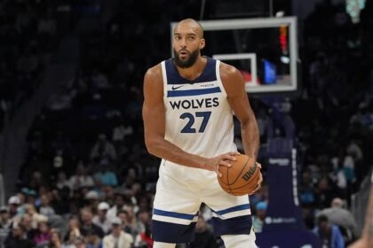 Charlotte, North Carolina, USA; Minnesota Timberwolves center Rudy Gobert (27) sets the play against the Charlotte Hornets during the second half at Spectrum Center. Mandatory Credit: Jim Dedmon-Imagn Images