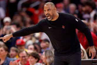 HOUSTON, TEXAS - NOVEMBER 02: Head coach Ime Udoka of the Houston Rockets reacts in the second half against the Golden State Warriors at Toyota Center on November 02, 2024 in Houston, Texas. NOTE TO USER: User expressly acknowledges and agrees that, by downloading and or using this photograph, User is consenting to the terms and conditions of the Getty Images License Agreement. (Photo by Tim Warner/Getty Images)