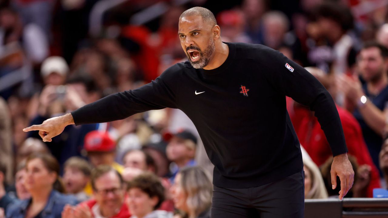 HOUSTON, TEXAS - NOVEMBER 02: Head coach Ime Udoka of the Houston Rockets reacts in the second half against the Golden State Warriors at Toyota Center on November 02, 2024 in Houston, Texas. NOTE TO USER: User expressly acknowledges and agrees that, by downloading and or using this photograph, User is consenting to the terms and conditions of the Getty Images License Agreement. (Photo by Tim Warner/Getty Images)
