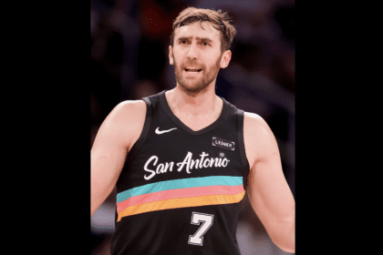 San Antonio Spurs center Luke Kornet (7) reacts during the second quarter against the New York Knicks at Madison Square Garden.