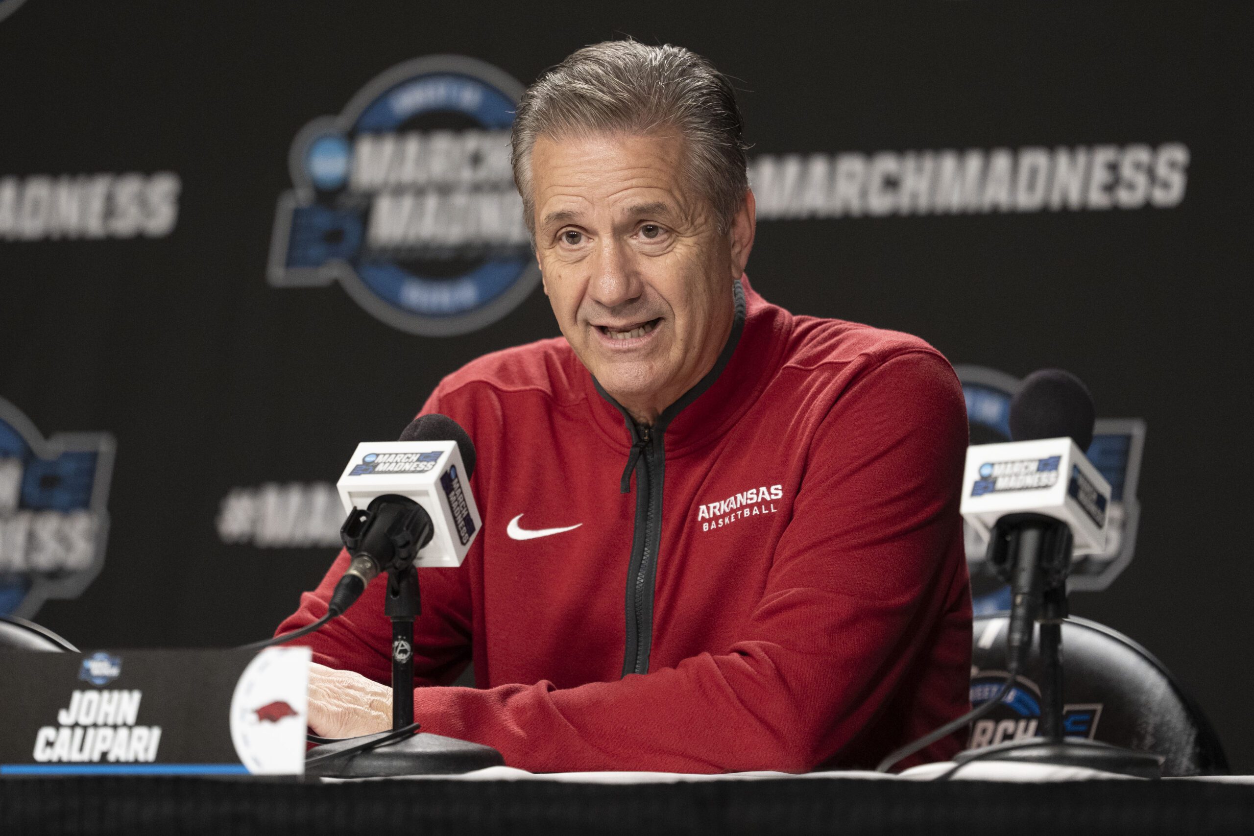 Arkansas Razorbacks head coach John Calipari addresses the media in a press conference during a practice session ahead of the west regional of the men's 2026 NCAA Tournament at SAP Center