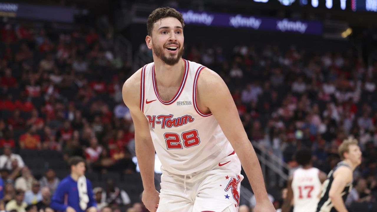 Apr 1, 2026; Houston, Texas, USA; Houston Rockets center Alperen Sengun (28) reacts after a play during the first half against the Milwaukee Bucks at Toyota Center. Mandatory Credit: Troy Taormina-Imagn Images