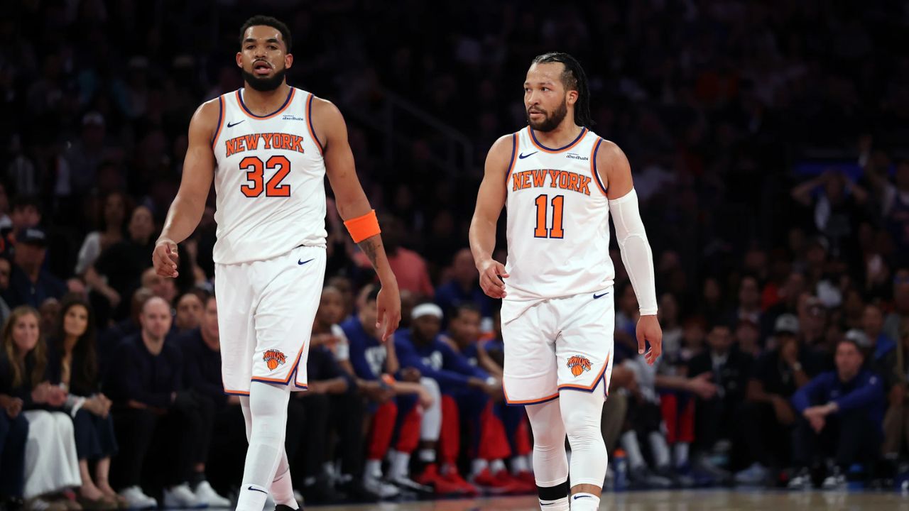 NEW YORK, NEW YORK - APRIL 19: Jalen Brunson #11 and Karl-Anthony Towns #32 of the New York Knicks in action in Game One of the Eastern Conference First Round NBA Playoffs against the Detroit Pistons at Madison Square Garden on April 19, 2025 in New York City. (Photo by Sarah Stier/Getty Images)
