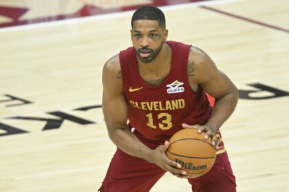 Cleveland Cavaliers center Tristan Thompson (13) looks to pass in the fourth quarter against the Atlanta Hawks at Rocket Mortgage FieldHouse.