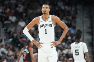 San Antonio, Texas, USA; San Antonio Spurs forward Victor Wembanyama (1) looks up in the first half against the Chicago Bulls at Frost Bank Center. Mandatory Credit: Daniel Dunn-Imagn Images
