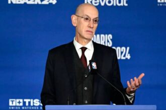Paris, FRANCE; NBA commissioner Adam Silver speaks before a NBA Game between the Brooklyn Nets and the Cleveland Cavaliers at AccorHotels Arena. Mandatory Credit: Alexis Reau/Presse Sports via Imagn Images