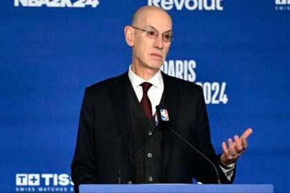 Paris, FRANCE; NBA commissioner Adam Silver speaks before a NBA Game between the Brooklyn Nets and the Cleveland Cavaliers at AccorHotels Arena. Mandatory Credit: Alexis Reau/Presse Sports via Imagn Images