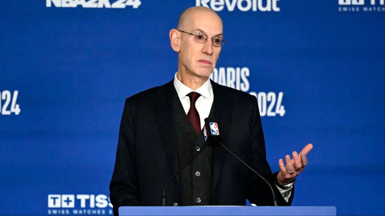 Paris, FRANCE; NBA commissioner Adam Silver speaks before a NBA Game between the Brooklyn Nets and the Cleveland Cavaliers at AccorHotels Arena. Mandatory Credit: Alexis Reau/Presse Sports via Imagn Images