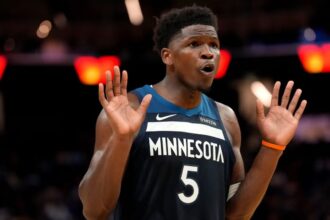 Mar 13, 2026; San Francisco, California, USA; Minnesota Timberwolves guard Anthony Edwards (5) reacts after the Timberwolves were called for a foul against the Golden State Warriors in the fourth quarter at the Chase Center. Mandatory Credit: Cary Edmondson-Imagn Images