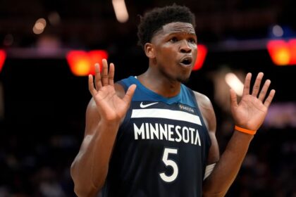 Mar 13, 2026; San Francisco, California, USA; Minnesota Timberwolves guard Anthony Edwards (5) reacts after the Timberwolves were called for a foul against the Golden State Warriors in the fourth quarter at the Chase Center. Mandatory Credit: Cary Edmondson-Imagn Images