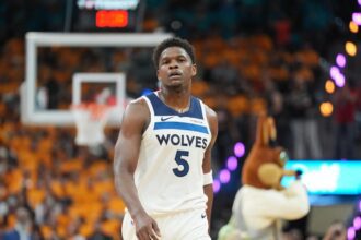 May 4, 2026; San Antonio, Texas, USA; Minnesota Timberwolves guard Anthony Edwards (5) walks up the court in the first half against the San Antonio Spurs during game one of the second round of the 2026 NBA Playoffs at Frost Bank Center. Credit: Daniel Dunn-Imagn Images