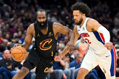 James Harden #1 of the Cleveland Cavaliers drives to the basket around Cade Cunningham #2 of the Detroit Pistons during the fourth quarter at Rocket Arena on March 03, 2026 in Cleveland, Ohio. The Cavaliers defeated the Pistons 113-109. NOTE TO USER: User expressly acknowledges and agrees that, by downloading and or using this photograph, User is consenting to the terms and conditions of the Getty Images License Agreement. (Photo by Jason Miller/Getty Images)