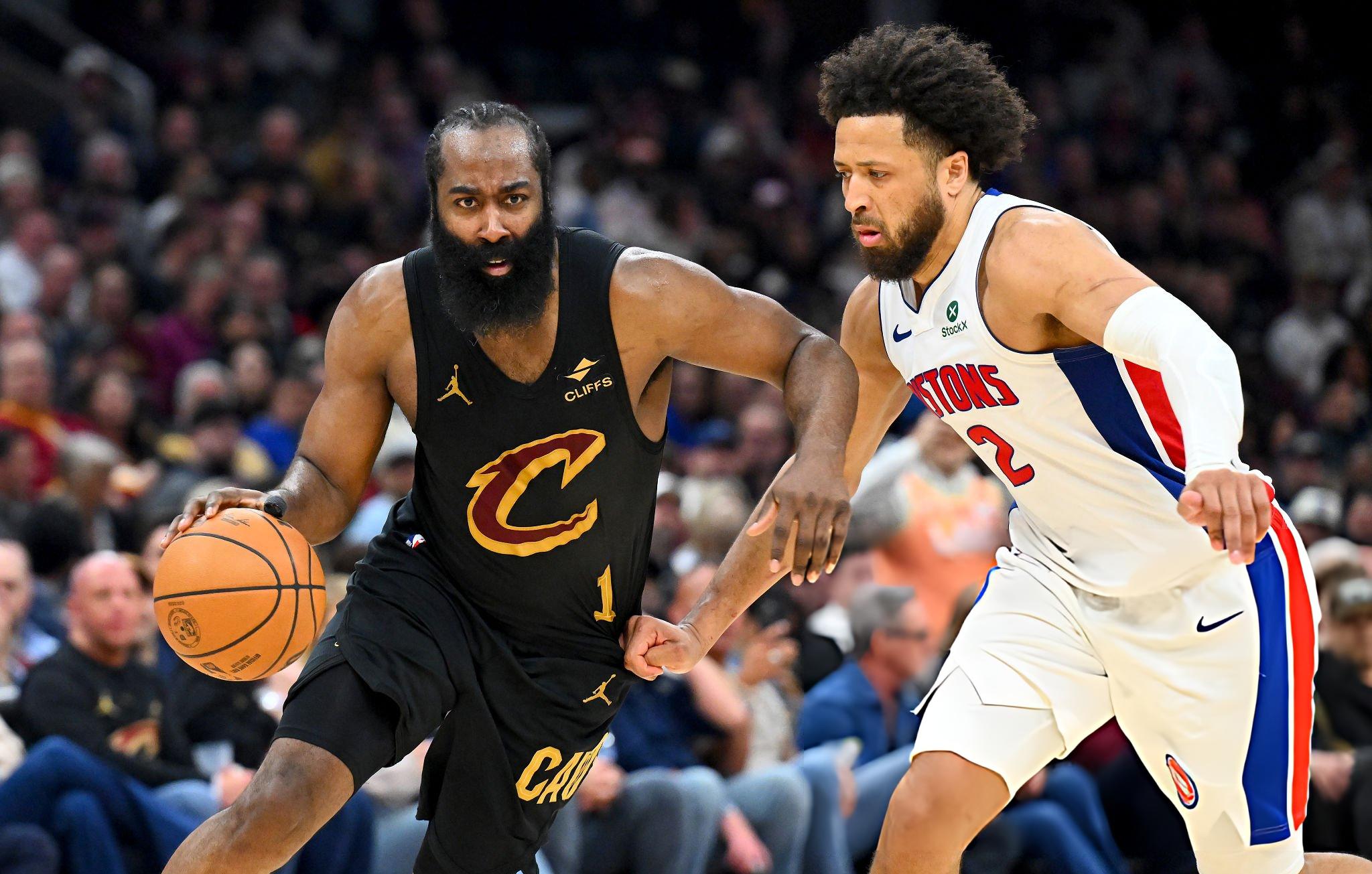James Harden #1 of the Cleveland Cavaliers drives to the basket around Cade Cunningham #2 of the Detroit Pistons during the fourth quarter at Rocket Arena on March 03, 2026 in Cleveland, Ohio. The Cavaliers defeated the Pistons 113-109. NOTE TO USER: User expressly acknowledges and agrees that, by downloading and or using this photograph, User is consenting to the terms and conditions of the Getty Images License Agreement. (Photo by Jason Miller/Getty Images)