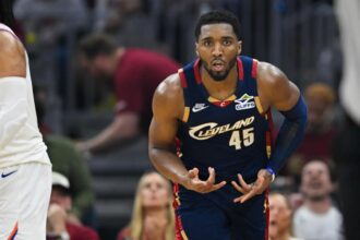 May 23, 2026; Cleveland, Ohio, USA; Cleveland Cavaliers guard Donovan Mitchell (45) reacts in the third quarter against the New York Knicks during game three of the eastern conference finals for the 2026 NBA playoffs at Rocket Arena. Mandatory Credit: David Richard-Imagn Images
