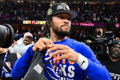 May 25, 2026; Cleveland, Ohio, USA; New York Knicks guard Jalen Brunson (11) looks on after defeating the Cleveland Cavaliers in game four of the eastern conference finals for the 2026 NBA playoffs at Rocket Arena. Mandatory Credit: Ken Blaze-Imagn Images