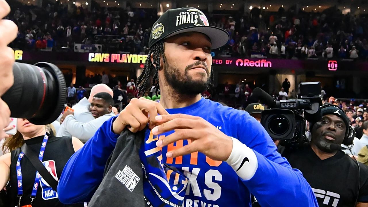 May 25, 2026; Cleveland, Ohio, USA; New York Knicks guard Jalen Brunson (11) looks on after defeating the Cleveland Cavaliers in game four of the eastern conference finals for the 2026 NBA playoffs at Rocket Arena. Mandatory Credit: Ken Blaze-Imagn Images