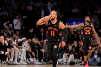 Jan 27, 2026; New York, New York, USA; New York Knicks guard Jalen Brunson (11) celebrates his three point shot against the Sacramento Kings during the fourth quarter at Madison Square Garden. Mandatory Credit: Brad Penner-Imagn Images